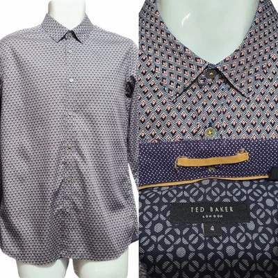 Ted Baker Shirt Men's 4 (Large)  Blue/Red Geometric Long Sleeve Flip Cuff Career - Image 1 of 4