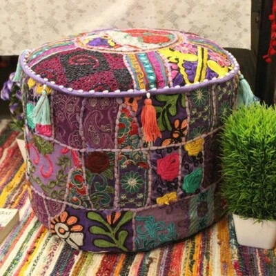 Indian Patchwork Moroccan Embroidered Vintage Handmade Bohemian Pouffe Cover - Image 1 of 4