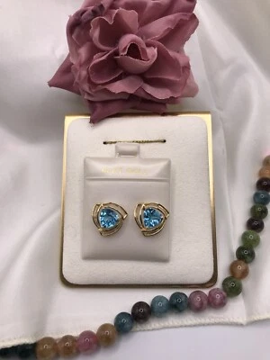 Pendientes Topacio Azul Oro Amarillo 14k 2,7 gramos 15mm Ancho Trillón Suiza Foto 1 de 4