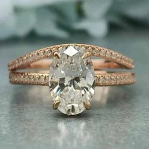 3.00CTW Oval Cut Moissanite Engagement Bridal Band Ring Set 14K Rose Gold Plated - Picture 1 of 12