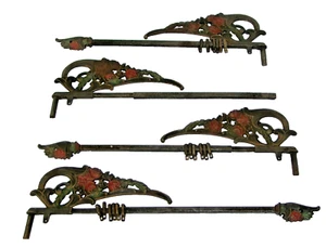 Antique Cast Iron Swing Arm Curtain Rods 2 Pair Extendable Red Floral - Picture 1 of 4