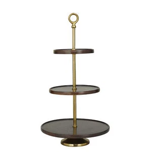 Dark Brown Mango Wood Tiered Server with Gold Stand, - Picture 1 of 7