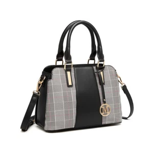 Stylish Faux Leather Tote Handbag with Gingham Plaid Panel Fashionable Ladies - Picture 1 of 26