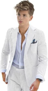Boys Seersucker Suit 2 Piece Tuxedo for Boys Summer Beach Wedding Blazer Pants - Picture 1 of 29
