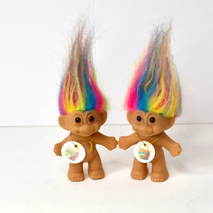 Vintage Russ Troll Doll x2 Rainbow Hair 3” Lucky Good Luck Charm With Tags New - Picture 1 of 6