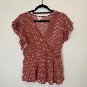 Monteau Womens Top Faux Wrap Tunic Rust Polka Dot Ruffle Short Sleeve Size XL - Picture 1 of 6