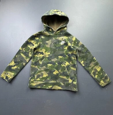 Nike Camo Hoodie Kids Size 7 Green Pullover Fleece Logo Sweatshirt Boys 6-7 Yrs - Image 1 of 4