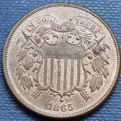 1865 Two Cent Piece 2c High Grade UNC UNCIRCULATED RB RED BROWN #92813 - Image 1 of 2