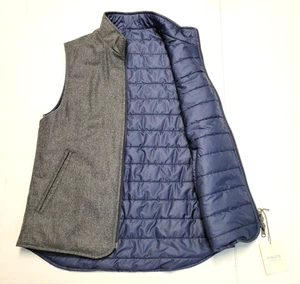 $395 NEW Hagen Carmel Wool Poly REVERSIBLE Zip Vest Men MEDIUM M Navy Blue Gray - Picture 1 of 9