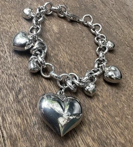 Sterling Silver 925 Puffy Heart Charm Rolo Link Bracelet AE Italy - Picture 1 of 9