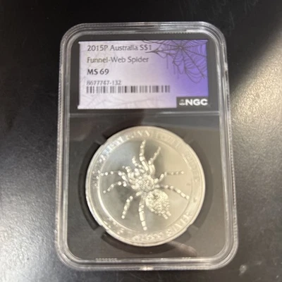 2015-P Australia S$1 Silver Funnel-Web Spider Silver Dollar .999 1oz NGC MS69 - Image 1 of 2