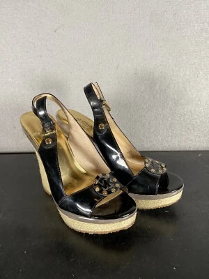 Michael Kors Espadrille Wedge Heels Shoes Sandles Peep Toe Patent Black MK 8 M - Image 1 of 4