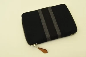 Authentic Hermes Black Zip Case Soft Wallet Pouch Gray Stripe Leather Tab - Picture 1 of 10