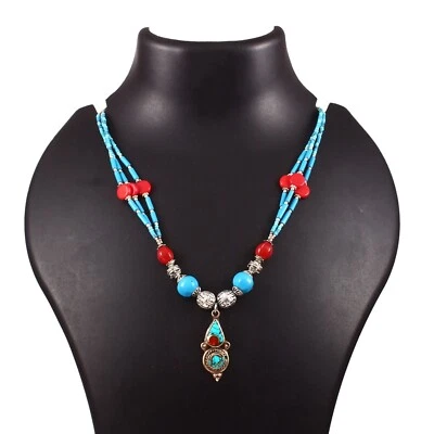 Turquoise, Coral Gemstone Tibetan 925 Sterling Silver Necklace jJewelry 18 inch - Image 1 of 4