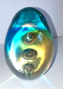 Vintage Blue Amber Egg Shape Glass Paperweight Hand Blown Controlled Bubbles - Picture 1 of 7