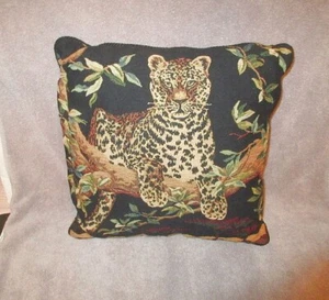Vtg Star Textiles Leopard Tapestry Throw Pillow Jungle Cat Safari Serenget 16" - Picture 1 of 12