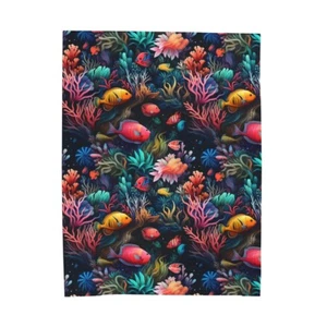 Velveteen Plush Blanket Hawaiian Tropical Aloha Coral Reef Ocean Fish Beach - Picture 1 of 13