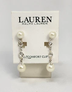 LAUREN Ralph Lauren Imitation Pearl Silver-Tone Linear Drop Clip-On Earrings - Picture 1 of 7