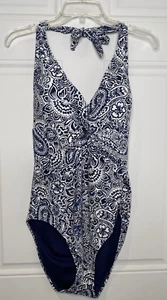 Ellen Tracy Size 14 Halter V-Neck One Piece Swimsuit Navy White Lined NWT $98 - Picture 1 of 10