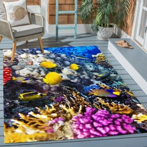 3D Ocean Aesthetic Rug Multi Tropical Fish Seabed Rugs for Balcony Patio Carpet - Picture 1 of 8