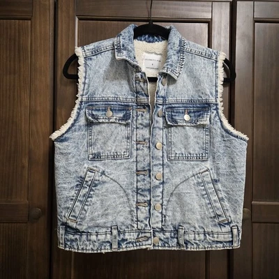 Celebrity Pink Acid Wash Sherpa Lined Denim Vest 80s Pockets Retro Streetwear S - Image 1 of 4