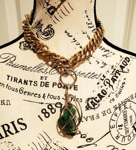 Beautiful Erwin Pearl Modernist Links Gold Tone necklace Raw Malachite Pendant - Picture 1 of 10