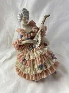 MV Mueller & Co Volkstedt 1907-1945 Dresden Lace Figurine Seated Playin Mandolin - Picture 1 of 24