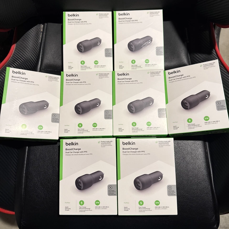 LOTE DE 8 cargadores de coche rápidos Belkin Dual USB - 37W USB-C y USB-A 100% genuinos Foto 1 de 1