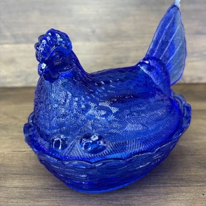 Vintage Cobalt Blue Hen On Nest Candy Dish 2-piece Glass - Picture 1 of 14