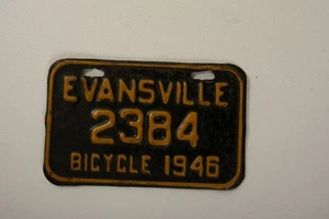 Evansville 1946 Bicycle License Plate (R4A/JSF6) Black Yellow Tag 2384 Indiana - Picture 1 of 4