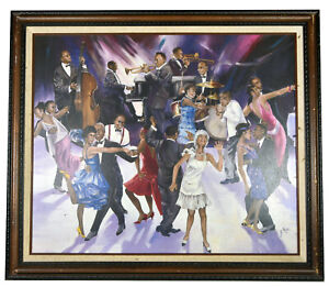 23" Black Americana Canvas Giclee Print Gett'n Down Jazz Dancing People Art Rose