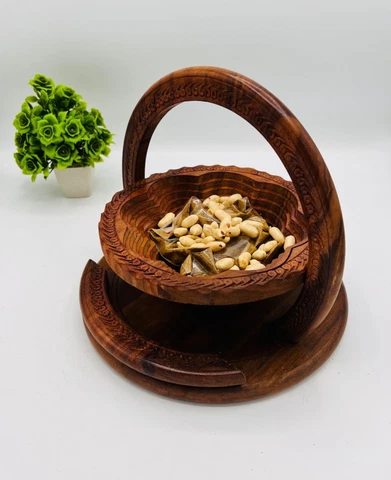 Wooden Collapsible Fruit Basket Kitchen Serving Bowl/Tray Foldable Trivet Wood Cover