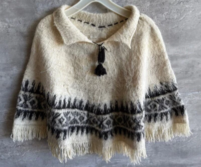 Vintage Tag Faded Hand Knit Ivory Wool Nordic Fair Isle Poncho One Size - Image 1 of 4