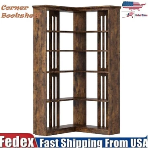 L Shaped Corner Bookshelf 5 Tier Large Wood Display Bookshelf 90° Corner Shelf - Picture 1 of 12