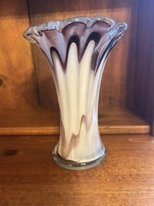 Vintage Purple White Art Glass Vase Stretched Glass Handblown Fingers Pontil - Picture 1 of 7