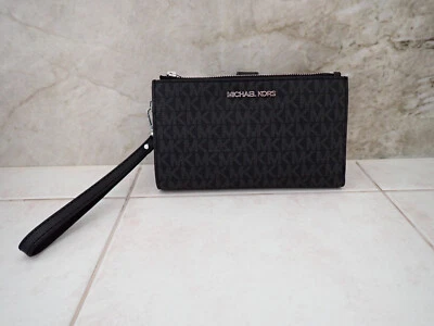 New Genuine Michael Kors Jet Set Travel Lge Black Leather Silver DblZip Wristlet - image 1 of 4