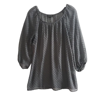 AB Studio Blouse Womens Large Grey Polka Dot  3/4 Elastic Sleeve Sheer  - Image 1 of 4
