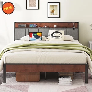 Modern QUEEN SIZE Bed Frame Headboard Charging Station Platform Upholstered Gray - Picture 1 of 7
