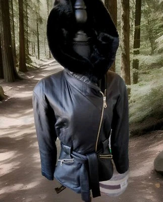 TANNERY WEST WOMENS JACHET  LEATHER W/BLACK FAUX FUR LINED THE HOODIE SZ XS - Image 1 of 4