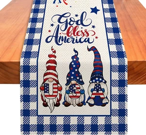 4Th of July Gnomes Buffalo Plaid Table Runner 72 Inches Long, Patriotic God Bles - Picture 1 of 6