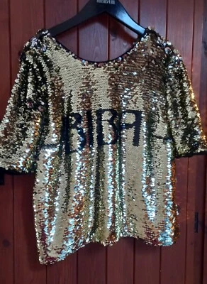 Biba Gold Glitz Sequin Glam Party Evening Statement Top Iconic Text  Size 16 - Image 1 of 4