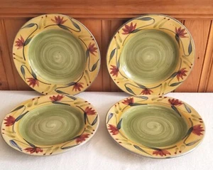 Pier 1 Elizabeth Set of 4 Salad Plates Green/Yellow w/Red Floral Hand Painted - Picture 1 of 4