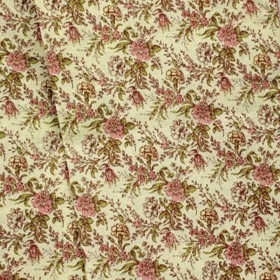 Vintage Floral Fabric 41" x 44" Yard Pc Pink Yellow Green Chintz Print Cottage - Image 1 of 4