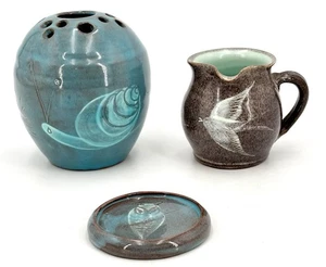 FISHLEY HOLLAND SNAIL VASE JUG & OWL PIN DISH - 3 Pieces English Studio Pottery - Picture 1 of 18