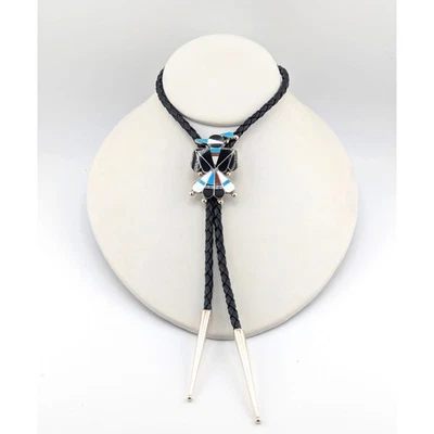 Handmade Zuni Thunderbird Inlay Bolo Tie Leather & Silver Tips Accessory ** - Image 1 of 4