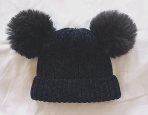 Women Black Double Pom Pom Beanie Hat, Winter Toque, Warm Knit - one size - Picture 1 of 1