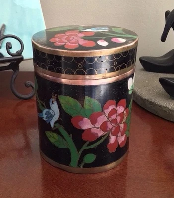 Antique Chinese Brass Cloisonné Black w Blue Birds & Pink-Red Flowers Tobacco - Image 1 of 4