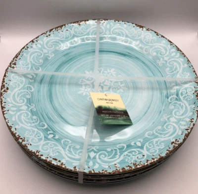 CYNTHIA ROWLEY MELAMINE Crackle Turquoise Swirl Dinner Plates 11" NEW (Set of 4) - Image 1 of 4