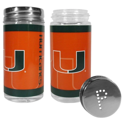 Miami Hurricanes Glass Salt and Pepper Shakers [NEW] NCAA Cook Tailgate Kitchen Cover