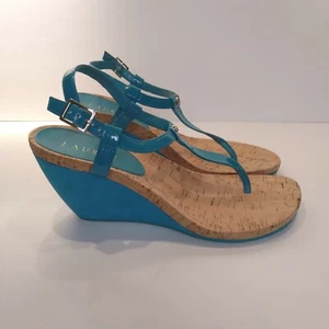 Lauren Ralph Lauren Rosalia T-Strap Wedge Cork Shoes Size 9.5 Aztec Blue - Picture 1 of 9
